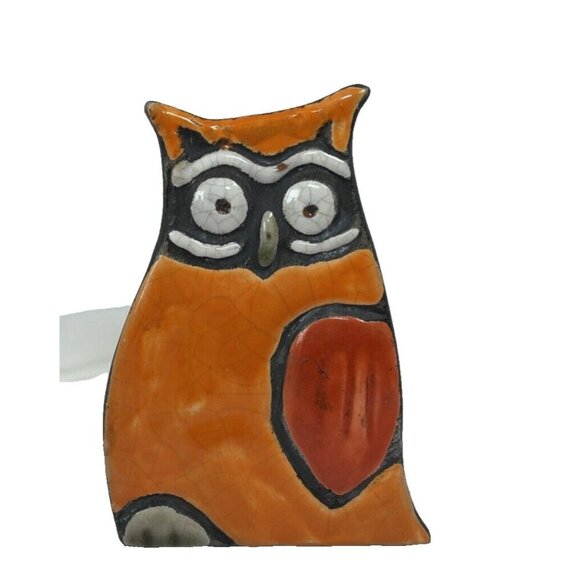 Vintage Handcrafted Black Clay Owl, Orange with Red Heart, Raku Pottery *Chips* - Picture 1 of 12